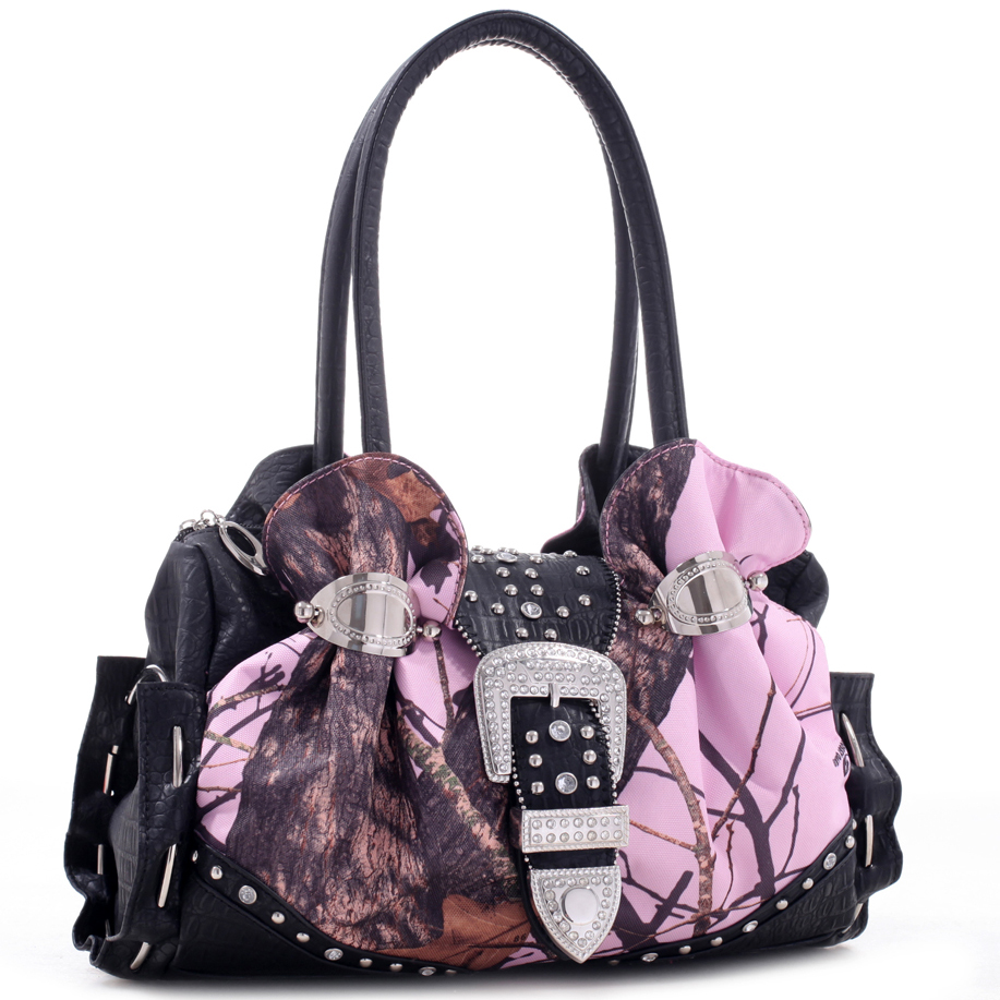 Black Camo Rhinestone Buckle Cuffed Shoulder Handbag - MT1-51288 - Click Image to Close